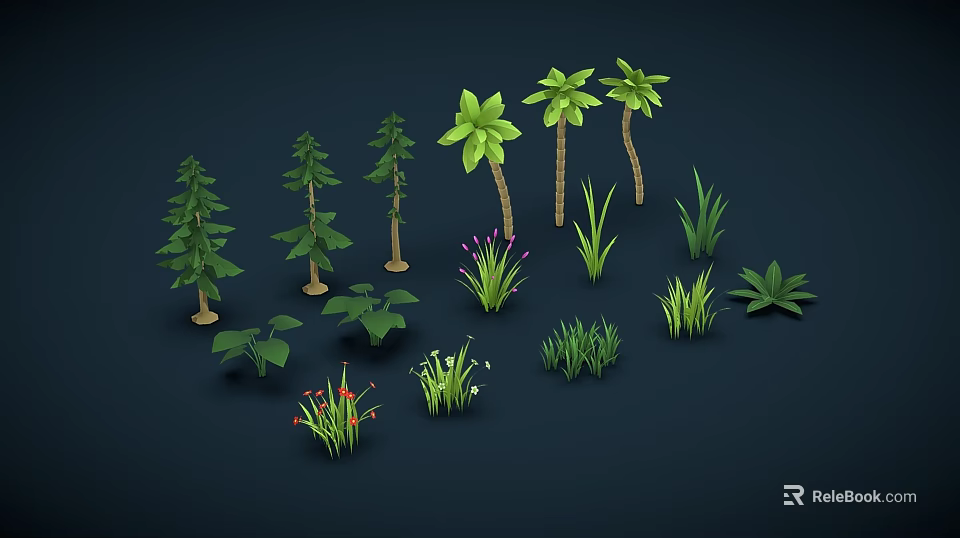 Different Types of Green Plants Including Trees Grasses and Flowering Varieties 3d model 