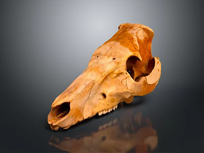 Natural Brown Animal Skull With Textured Surface On Dark Background Reflection 3d model