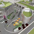 Modern Commercial Complex With Tall Glass Building Greenery Overpass And Urban Plaza