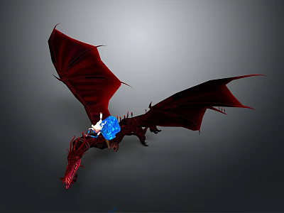 Game Fantasy Mythical Dragon Character with Red Scaled Wings Blue Glowing Core and Armored Rider 3d model