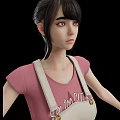 Woman Wearing Pink Top And Beige Overalls With Arms Outstretched Against Black Background