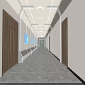 Modern Office Corridor With Wooden Doors Wall Paintings Ceiling Lighting And Polished Floor
