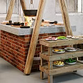 Traditional Hotpot Restaurant With Brick Stove Wooden Frame Log Stools Ingredients Shelf And Industrial Windows