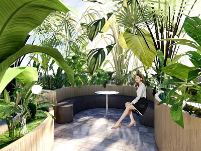 Outdoor Landscape Seating Design Surrounded By Lush Green Plants And Natural Environment 3d model