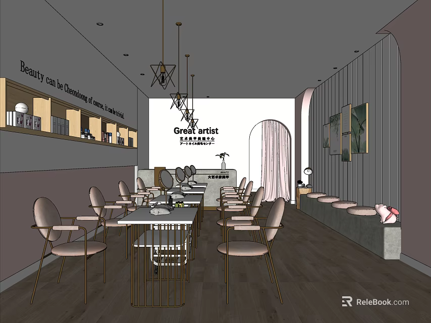 Modern Beauty Salon Interior With Elegant Tables Chairs Hanging Lights Product Shelves And Mirrors 3d model 