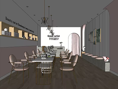 Modern Beauty Salon Interior With Elegant Tables Chairs Hanging Lights Product Shelves And Mirrors 3d model