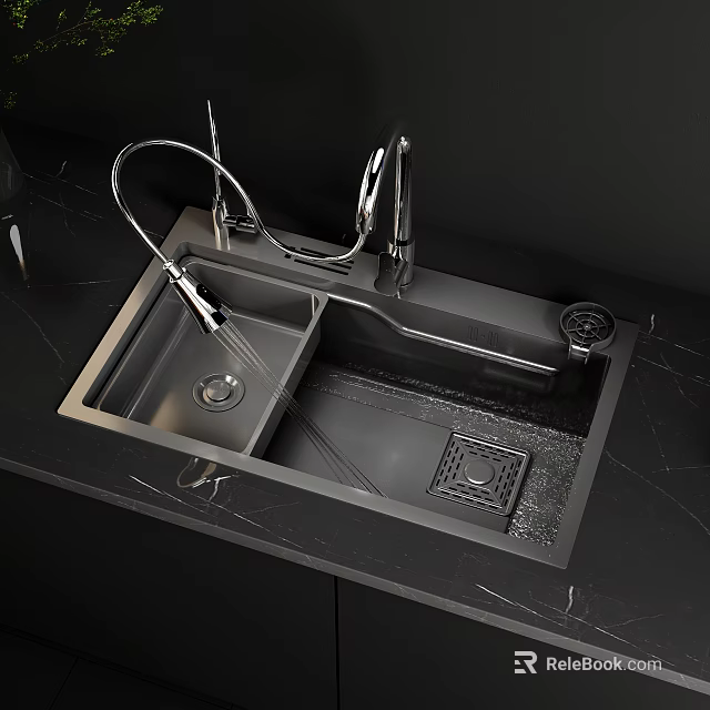 Modern Kitchen Sink Area With Black Double Bowl Sink Silver Faucet And Marble Countertop 3d model 