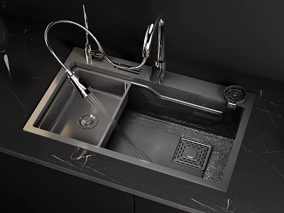 Modern Kitchen Sink Area With Black Double Bowl Sink Silver Faucet And Marble Countertop 3d model