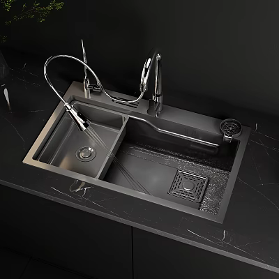 Modern Kitchen Sink Area With Black Double Bowl Sink Silver Faucet And Marble Countertop 3d model