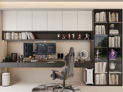 Modern Home Office Desk With Dual Monitors Ergonomic Chair And Bookshelves Decorations 3d model