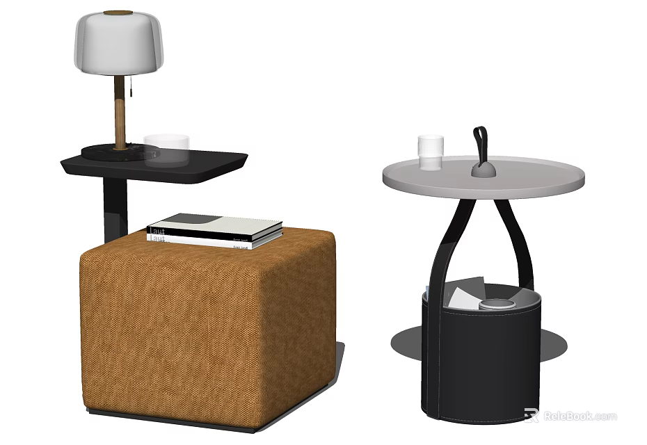 Modern Side Tables With Table Lamp Books Brown Cushion Round Top Cup And Basket 3d model 