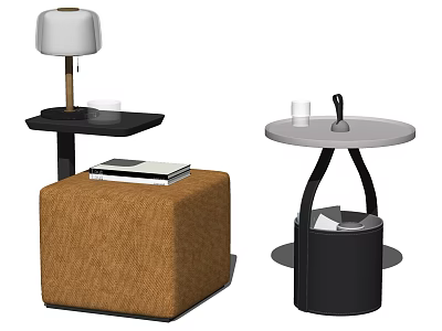 Modern Side Tables With Table Lamp Books Brown Cushion Round Top Cup And Basket 3d model