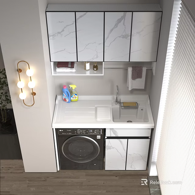 Bathroom Cabinet With Marble Countertop Cleaning Supplies Washing Machine And Lighted Mirror 3d model 