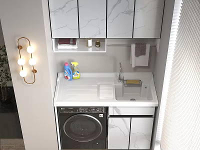Bathroom Cabinet With Marble Countertop Cleaning Supplies Washing Machine And Lighted Mirror 3d model