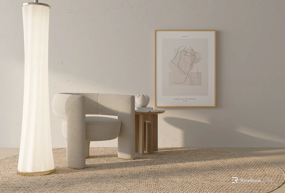 Modern Beige Accent Chair With Side Table Framed Artwork Floor Lamp And Woven Rug 3d model 
