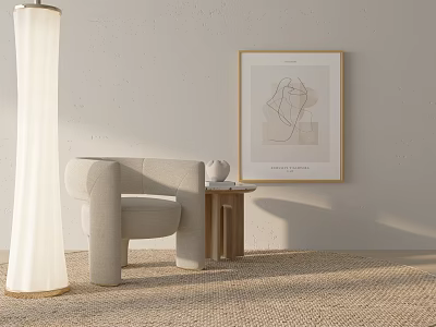 Modern Beige Accent Chair With Side Table Framed Artwork Floor Lamp And Woven Rug 3d model
