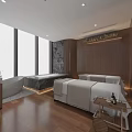 Luxurious SPA Sauna Interior With Large Windows Night View Wooden Walls Massage Beds And Bathtub
