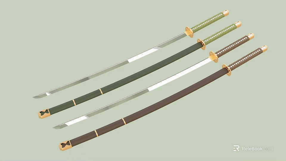 Traditional Samurai Swords With Green Brown Scabbards Golden Handles And Silver Blades 3d model 