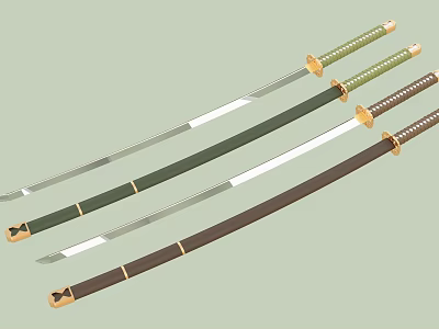 Traditional Samurai Swords With Green Brown Scabbards Golden Handles And Silver Blades 3d model