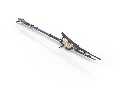 Elaborate Decorative Weapon With Long Handle Metal Structure And Golden Accents 3d model