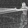 Hooded Woman In Dynamic Pose With Black Cloak And Abstract Geometric Background