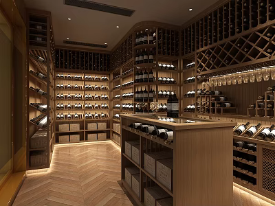 Elegant Wine Cellar Interior With Wooden Racks And Arranged Wine Bottles 3d model