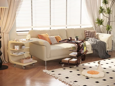 Large Beige Sectional Sofa In Bright Living Room With Orange Striped Cushions And Wheeled Cart 3d model