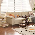 Large Beige Sectional Sofa In Bright Living Room With Orange Striped Cushions And Wheeled Cart