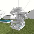 Modern Detached Villa With White Circular Roof Glass Facade Swimming Pool And Lush Greenery