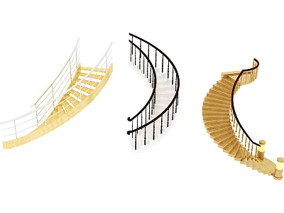 Modern Staircase Designs Featuring Wooden Steps Curved Railings And Metal Balustrades 3d model