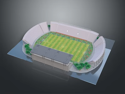 Stadium 3D Model Featuring Green Grass Field White Stands And Surrounding Plants 3d model