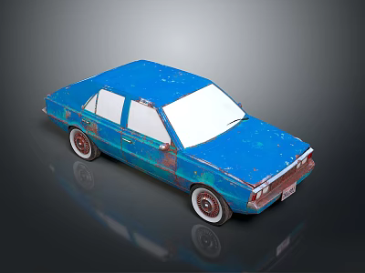 Vintage Blue Model Car With Rusty Body Scratches White Wheels And Dark Background Reflection 3d model