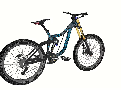 Black And Blue Mountain Bike With Gold Front Fork Suspension And Large Off-Road Tires 3d model