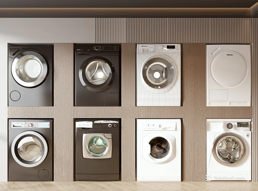 Modern Washing Machines In Various Colors And Designs Displayed On Wall 3d model 