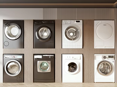 Modern Washing Machines In Various Colors And Designs Displayed On Wall 3d model