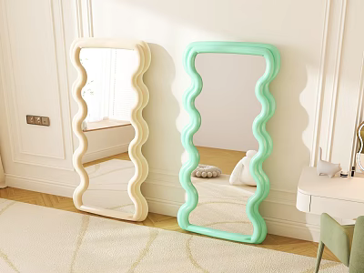 Cream And Mint Green Wavy Frame Mirrors Standing Against Wall For Interior Decor 3d model