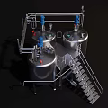 Industrial Equipment Featuring Stainless Steel Tanks With Blue Valves Pipes Metal Stairs And Platform