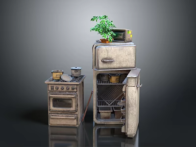 Vintage Kitchen Interior With Retro Stove Refrigerator Green Plant And Microwave 3d model