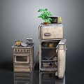 Vintage Kitchen Interior With Retro Stove Refrigerator Green Plant And Microwave