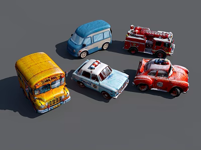Collection of Vintage Toy Cars Including School Bus Police Van Fire Truck and Classic Models 3d model