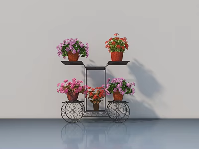 Metal Stand With Wheels Holding Multiple Bonsai Potted Plants With Pink And Red Flowers Indoor 3d model
