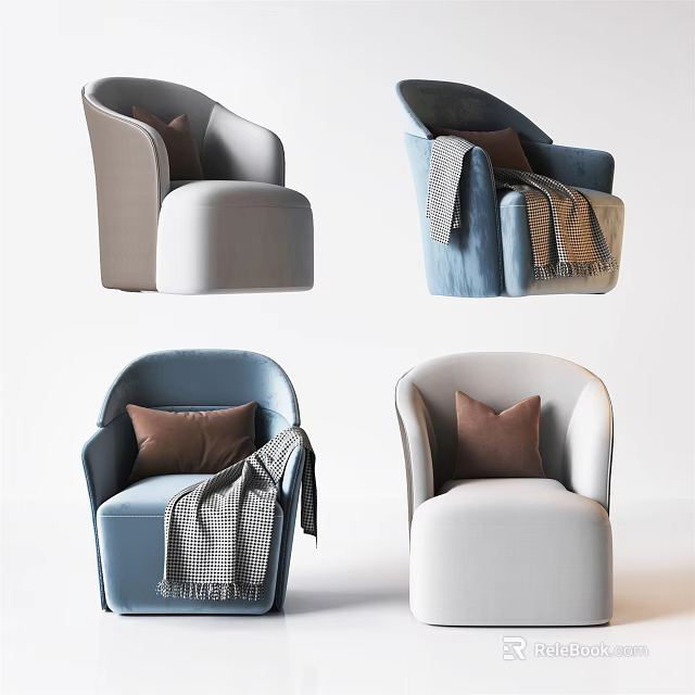 Modern Single Sofa Collection in Gray Blue White with Brown Cushions and Patterned Throws 3d model