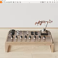 Wooden Frame Glass Top Coffee Table with Tea Set and Red Flower Potted Plant