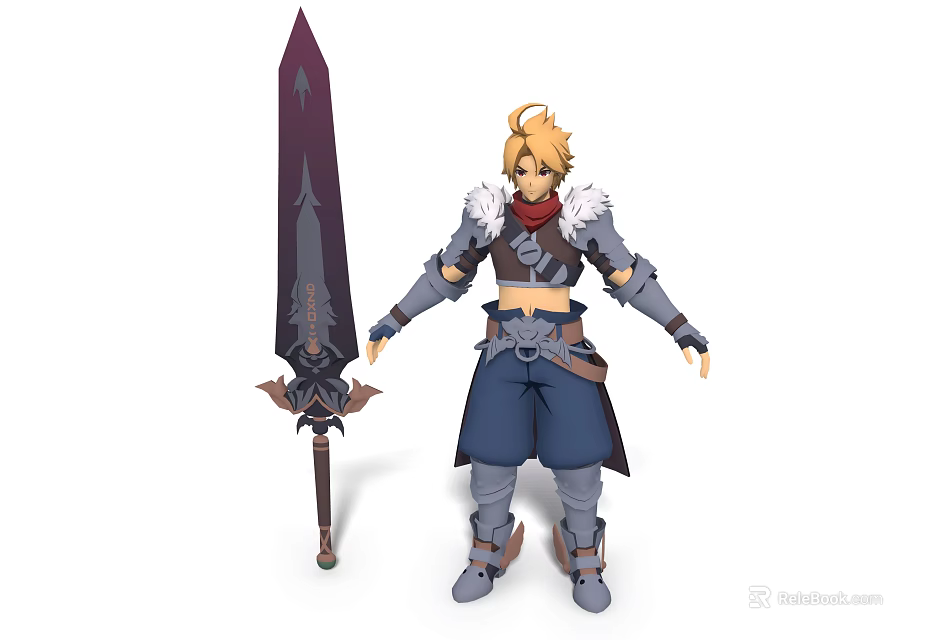 Blonde Haired Game Character In Fur Collar Armor With Large Sword And Blue Pants 3d model 