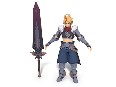 Blonde Haired Game Character In Fur Collar Armor With Large Sword And Blue Pants 3d model