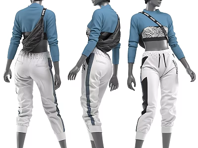 Model Wearing Blue Cropped Top White Track Pants With Black Crossbody Bag In Three Views 3d model