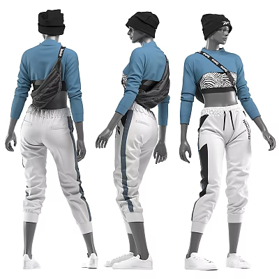 Model Wearing Blue Cropped Top White Track Pants With Black Crossbody Bag In Three Views 3d model