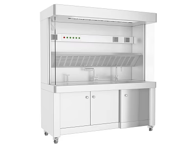 White Commercial Laboratory Workbench With Glass Hood Storage Cabinets And Mobile Wheels 3d model