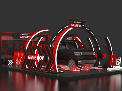 GAME BOY Themed Exhibition Booth With Black Car And Red Decor Setup 3d model