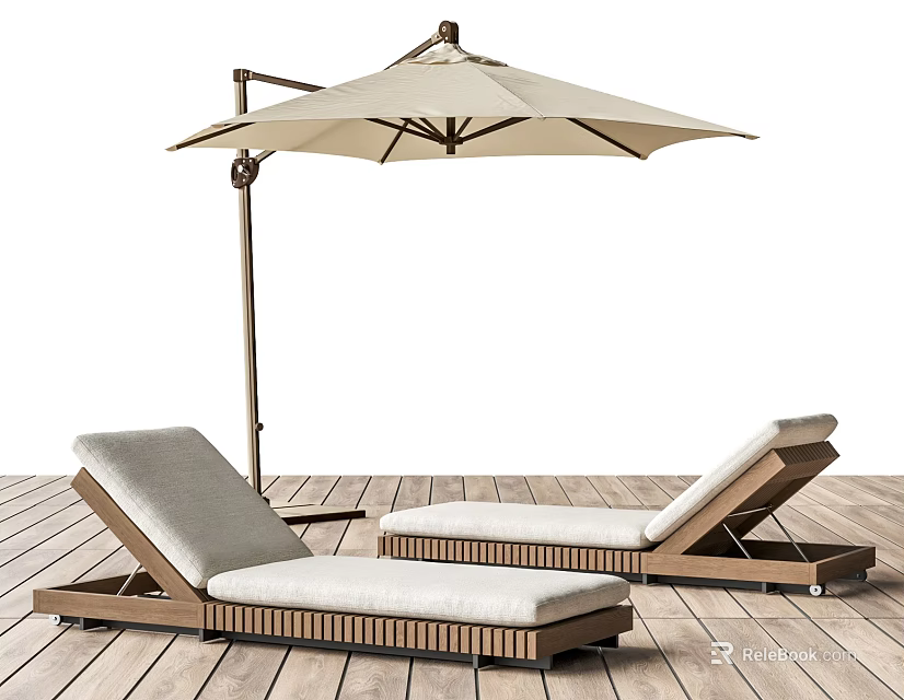 Outdoor Lounge Chairs With Brown Frame Light Cushions And Umbrella On Wooden Deck 3d model 